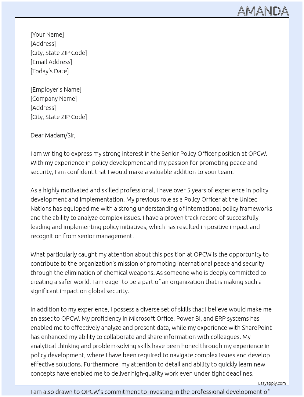 Senior Policy Officer At OPCW Cover Letter