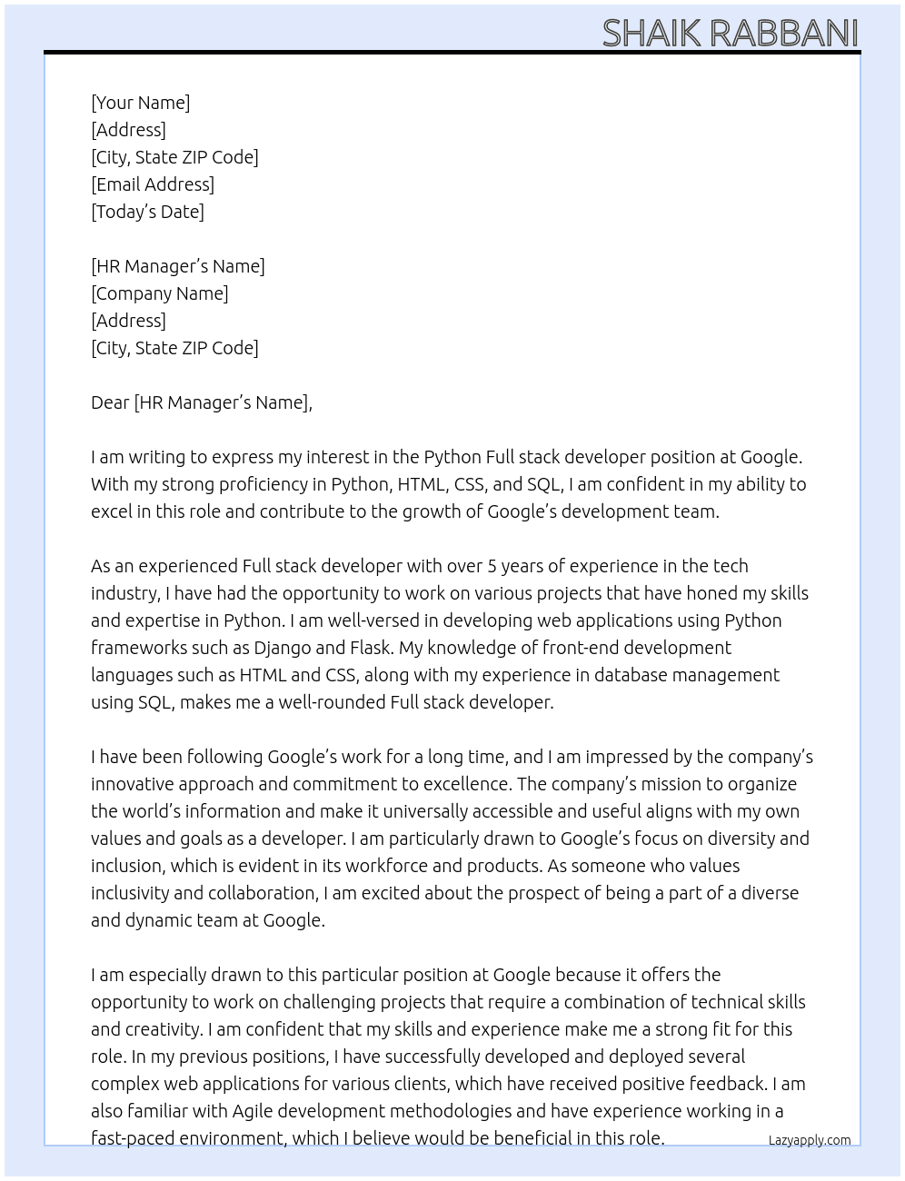 Python Full stack developer  At Google  Cover Letter