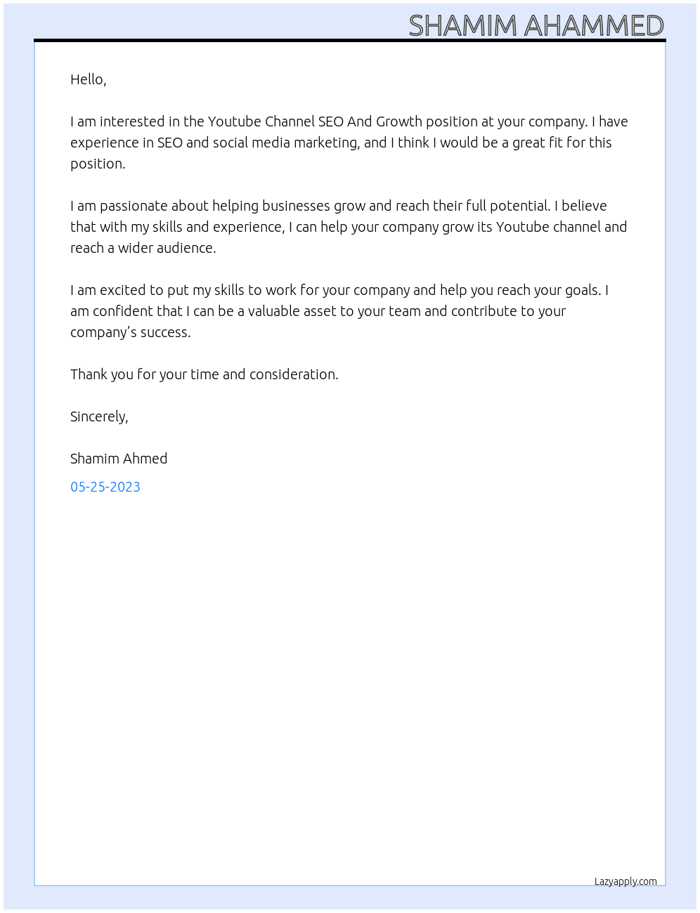  Youtube Channel SEO And Growth position At SHAMIM AHAMMED Cover Letter