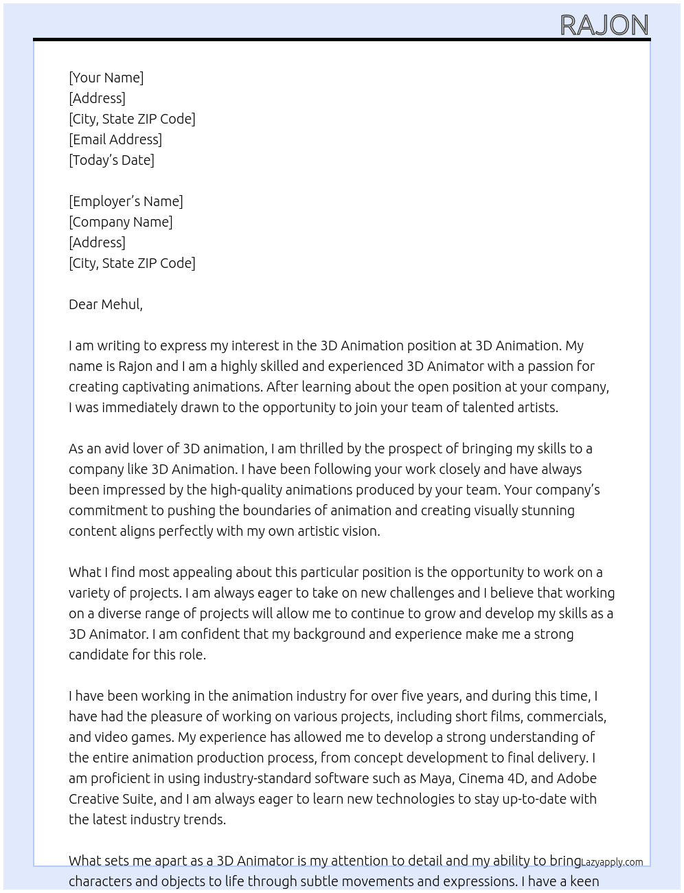 3D Animation At 3D Animation Cover Letter
