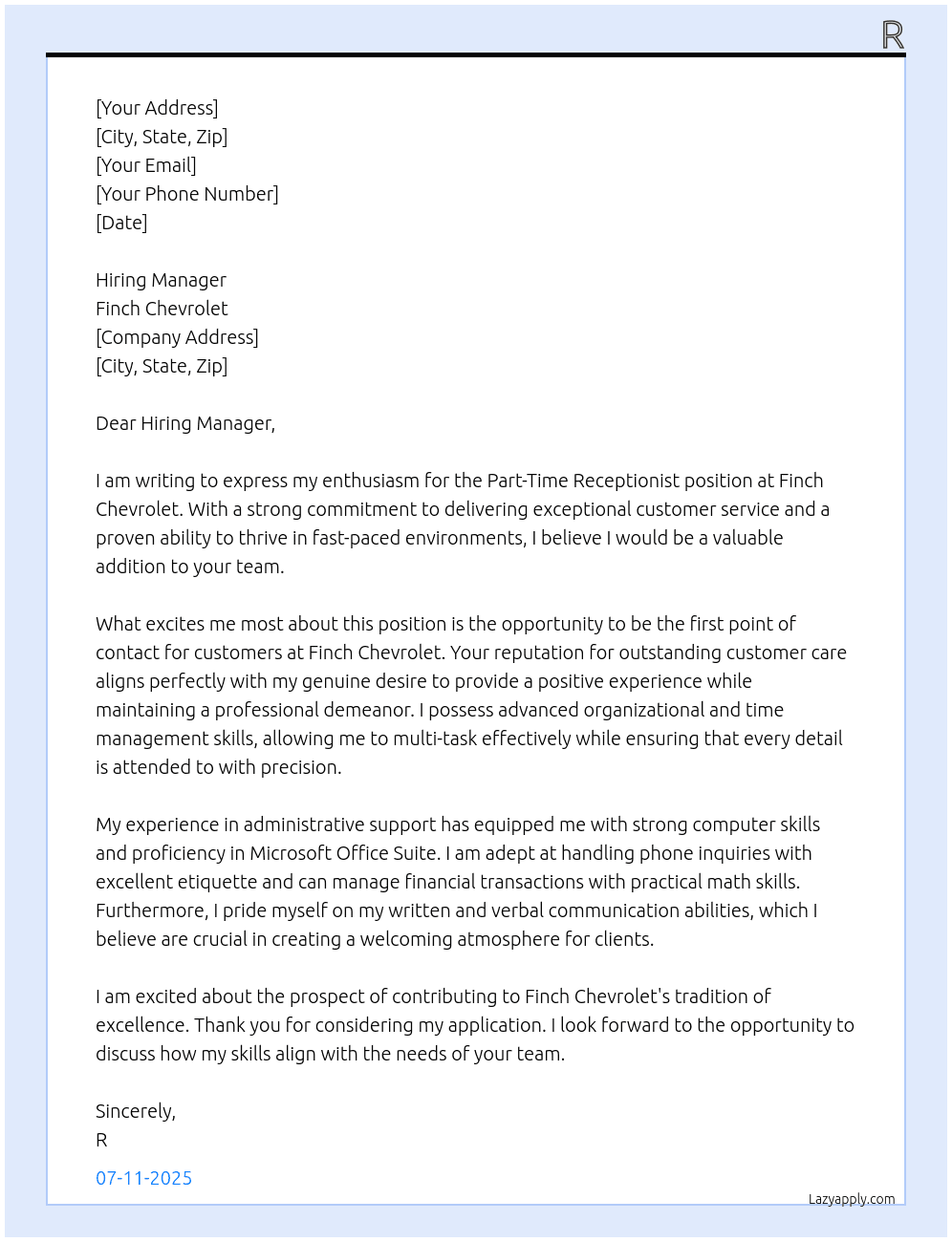 Part-Time Receptionist At Finch Chevrolet Cover Letter