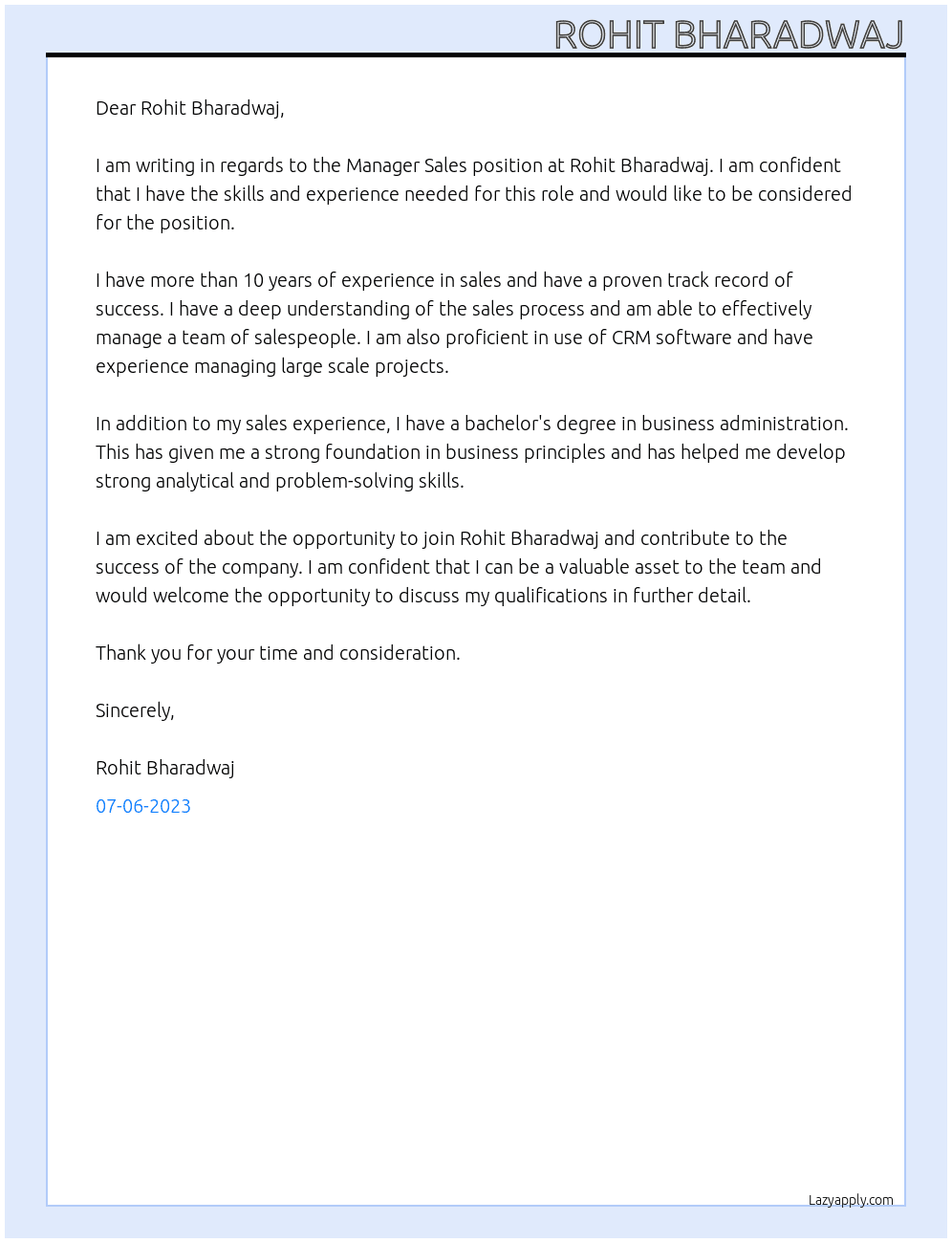 Manager Sales  At Rohit Bharadwaj Cover Letter
