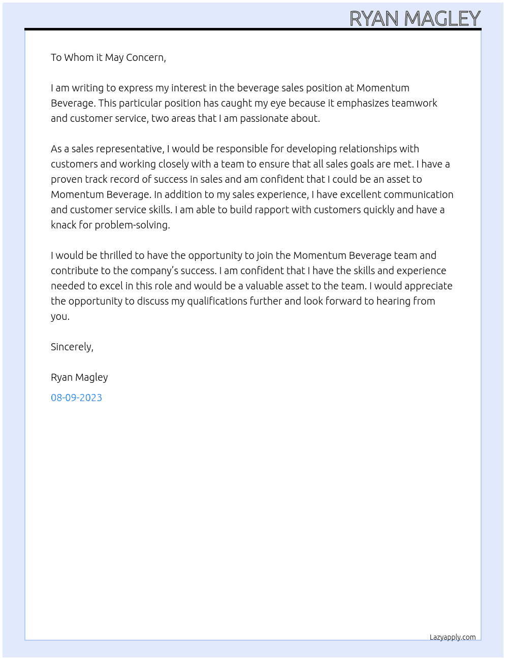 Beverage sales At Momentum Beverage Cover Letter