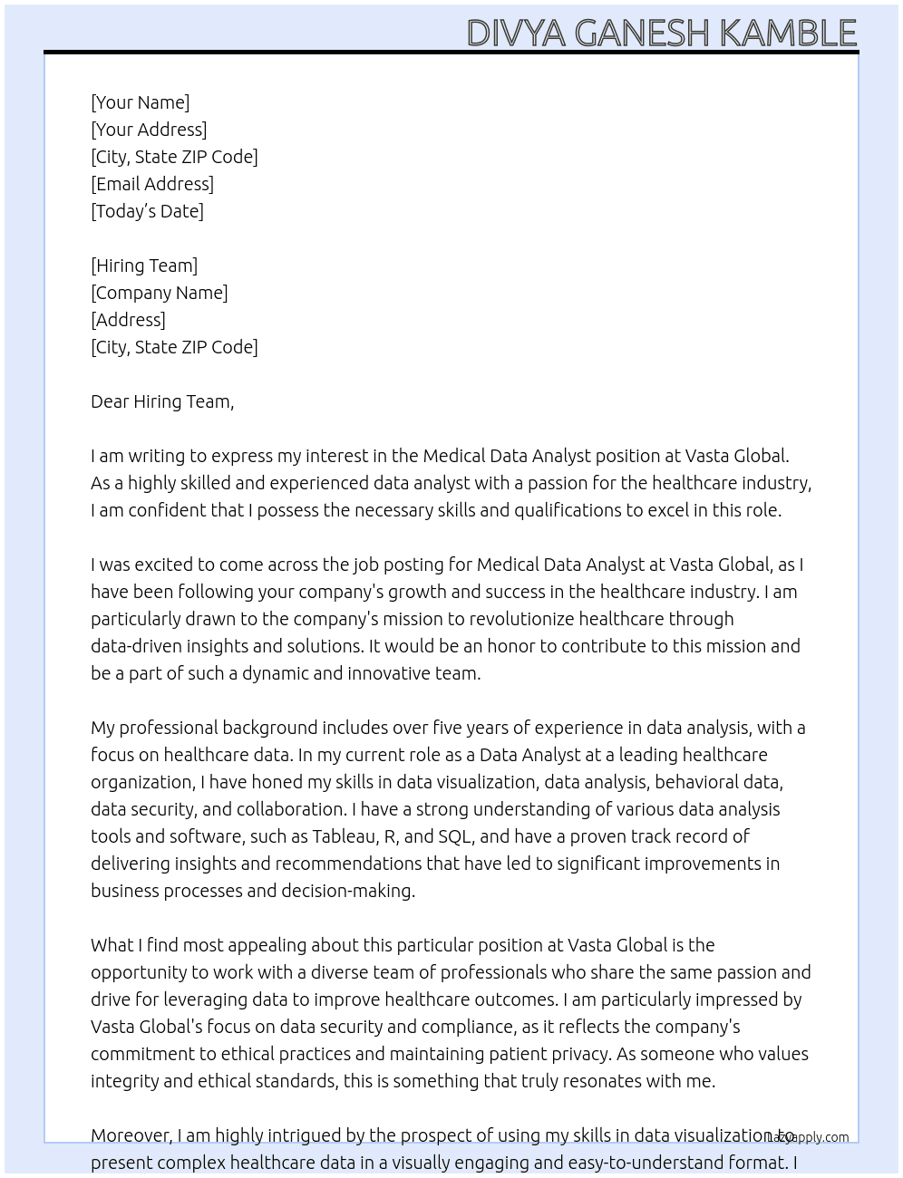 Medical Data Analyst At Vasta Global Cover Letter