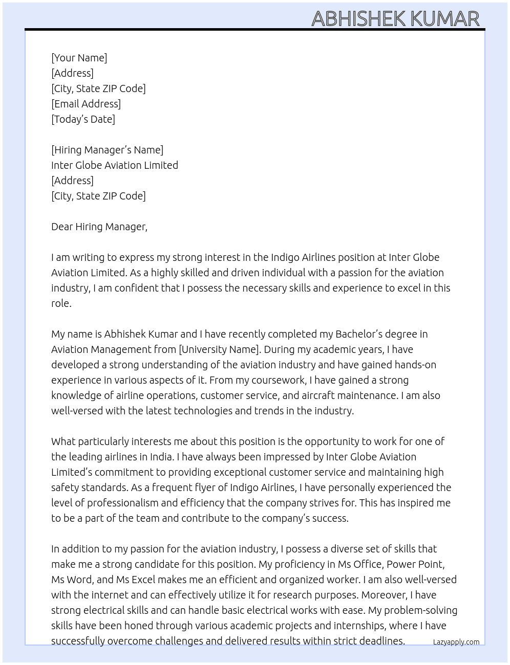 Indigo airlines  At Inter Globe Aviation Limited  Cover Letter