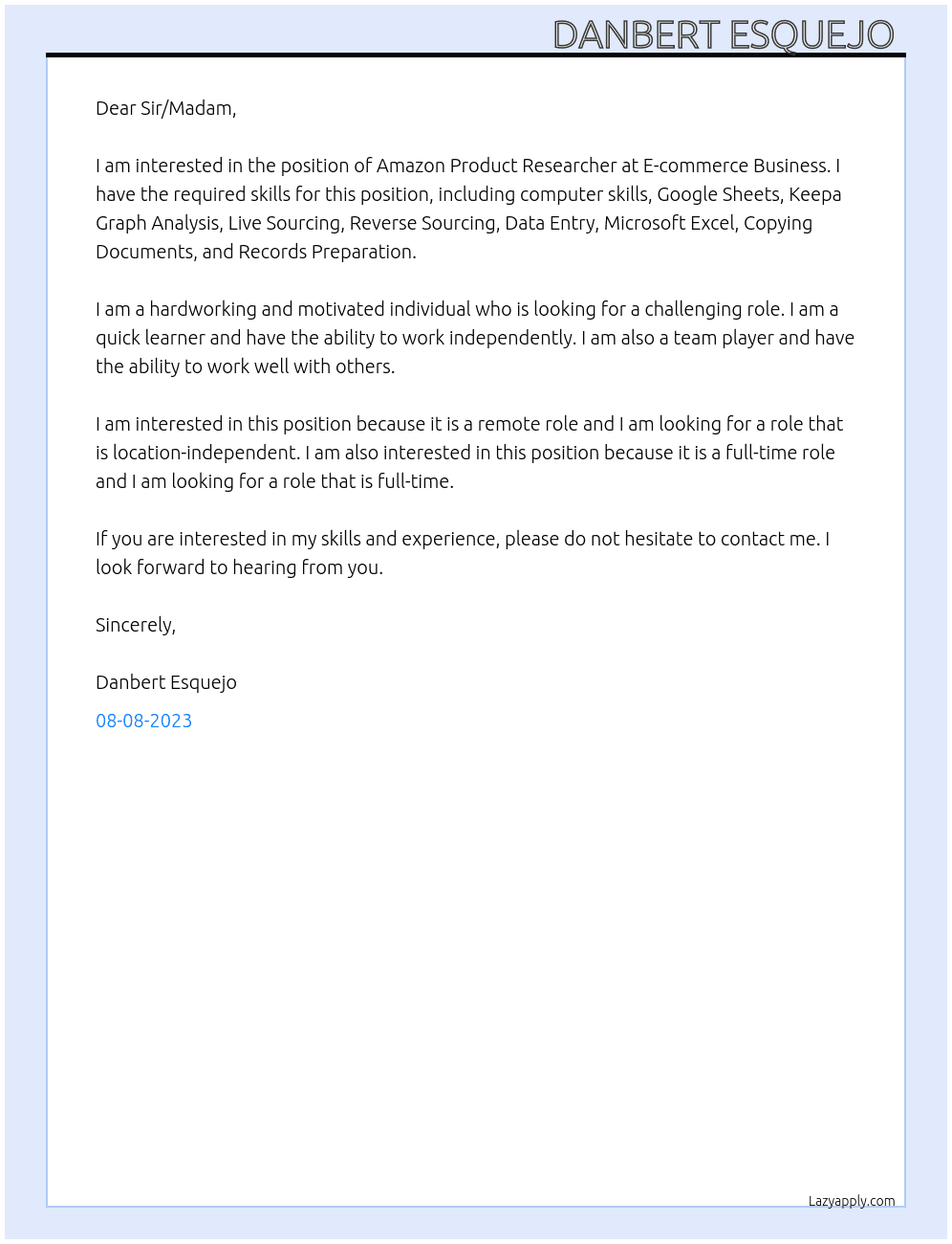 Amazon Product Researcher  At E-commerce Business  Cover Letter