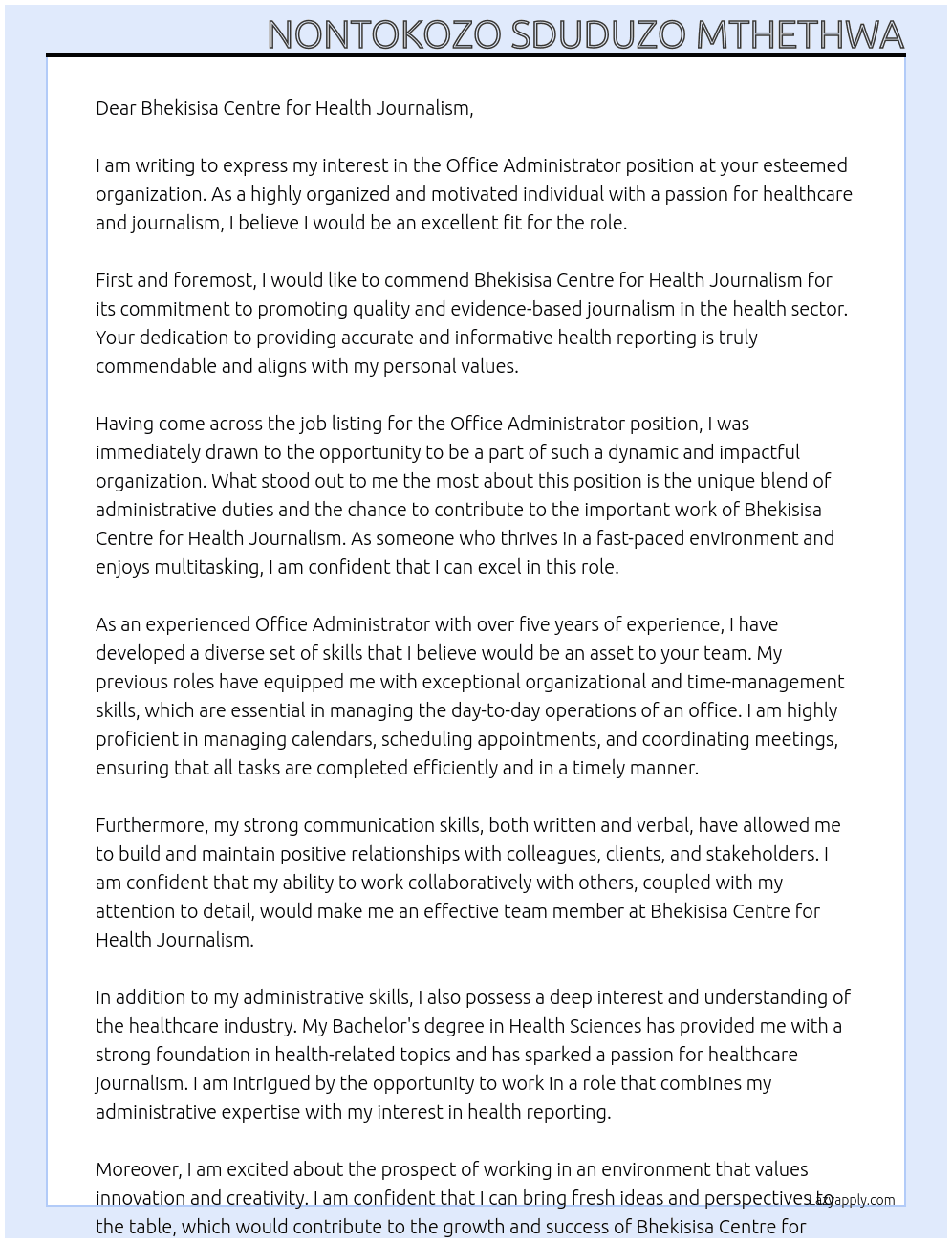 Office Administrator At Bhekisisa Centre for Health Journalism Cover Letter