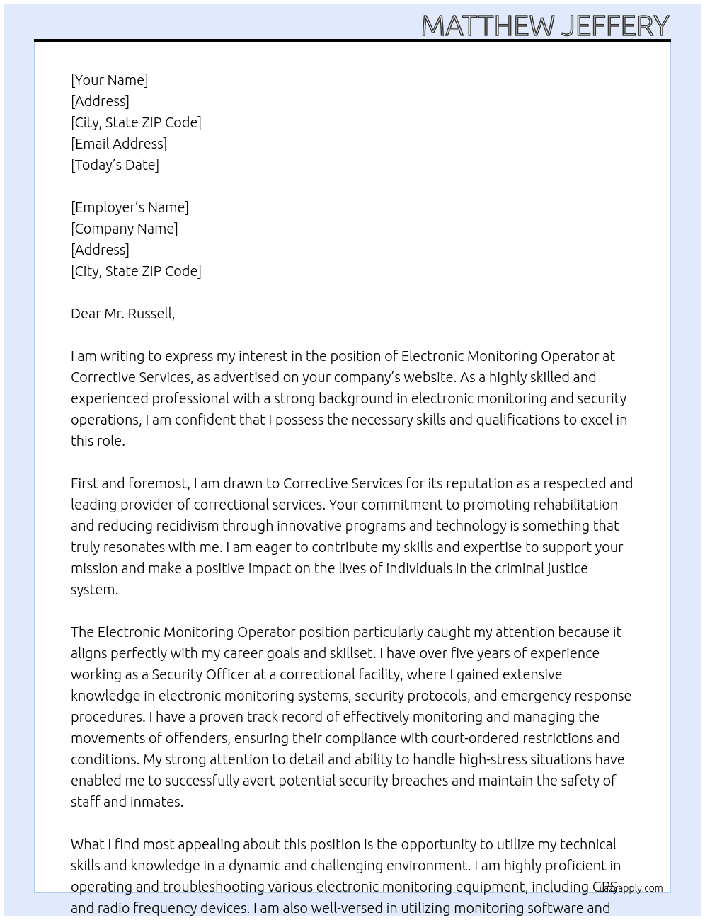Electronic Monitoring Operator At Corrective Services Cover Letter