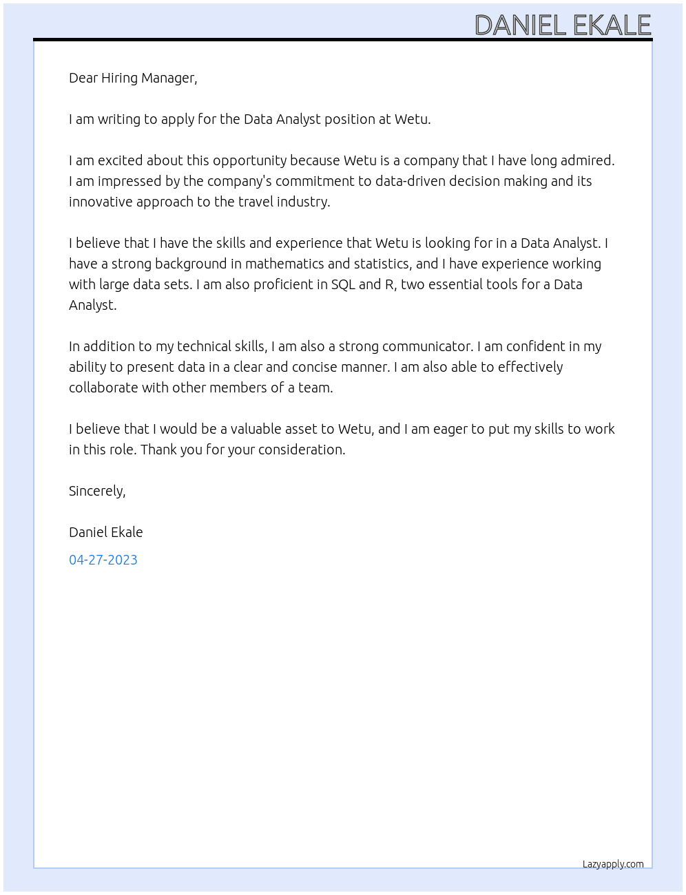 Data Analyst At Wetu Cover Letter