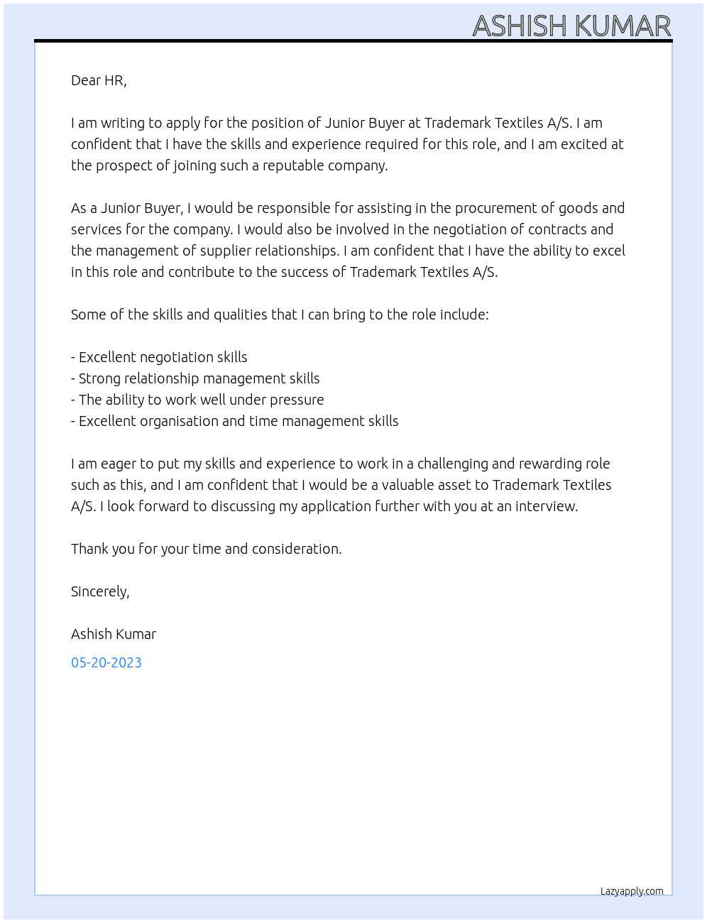 Junior Buyer At Trademark Textiles A/S Cover Letter