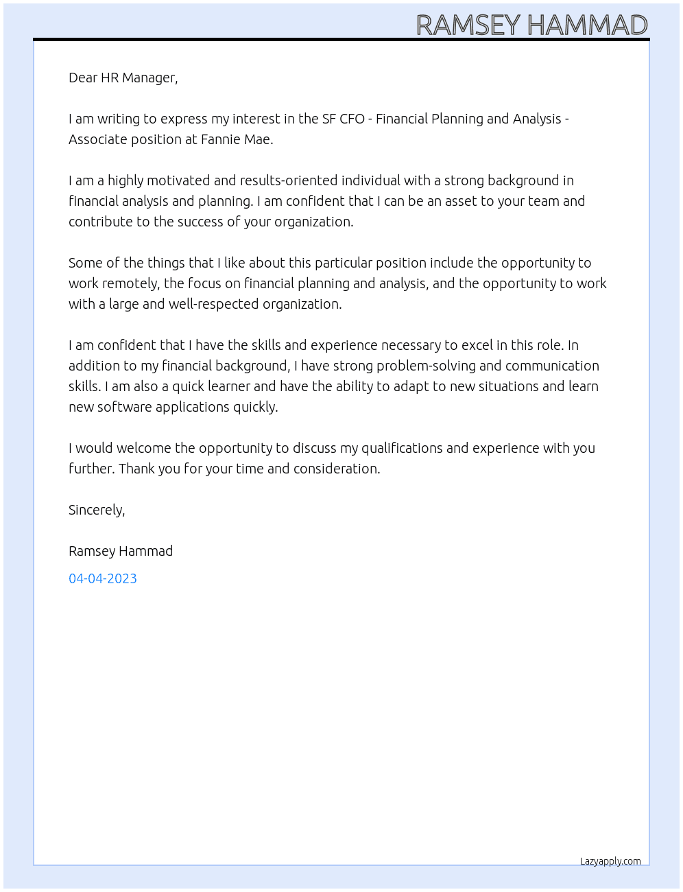 SF CFO - Financial Planning and Analysis - Associate At Fannie Mae Cover Letter