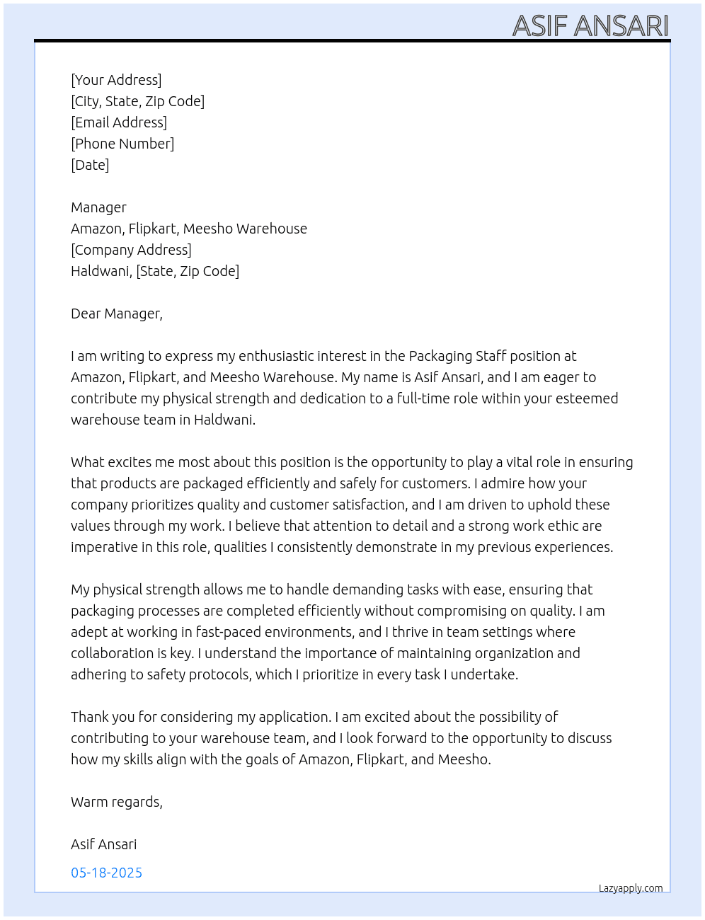 Packaging satff At Amazon, Flipkart,Meesho Warehouse  Cover Letter