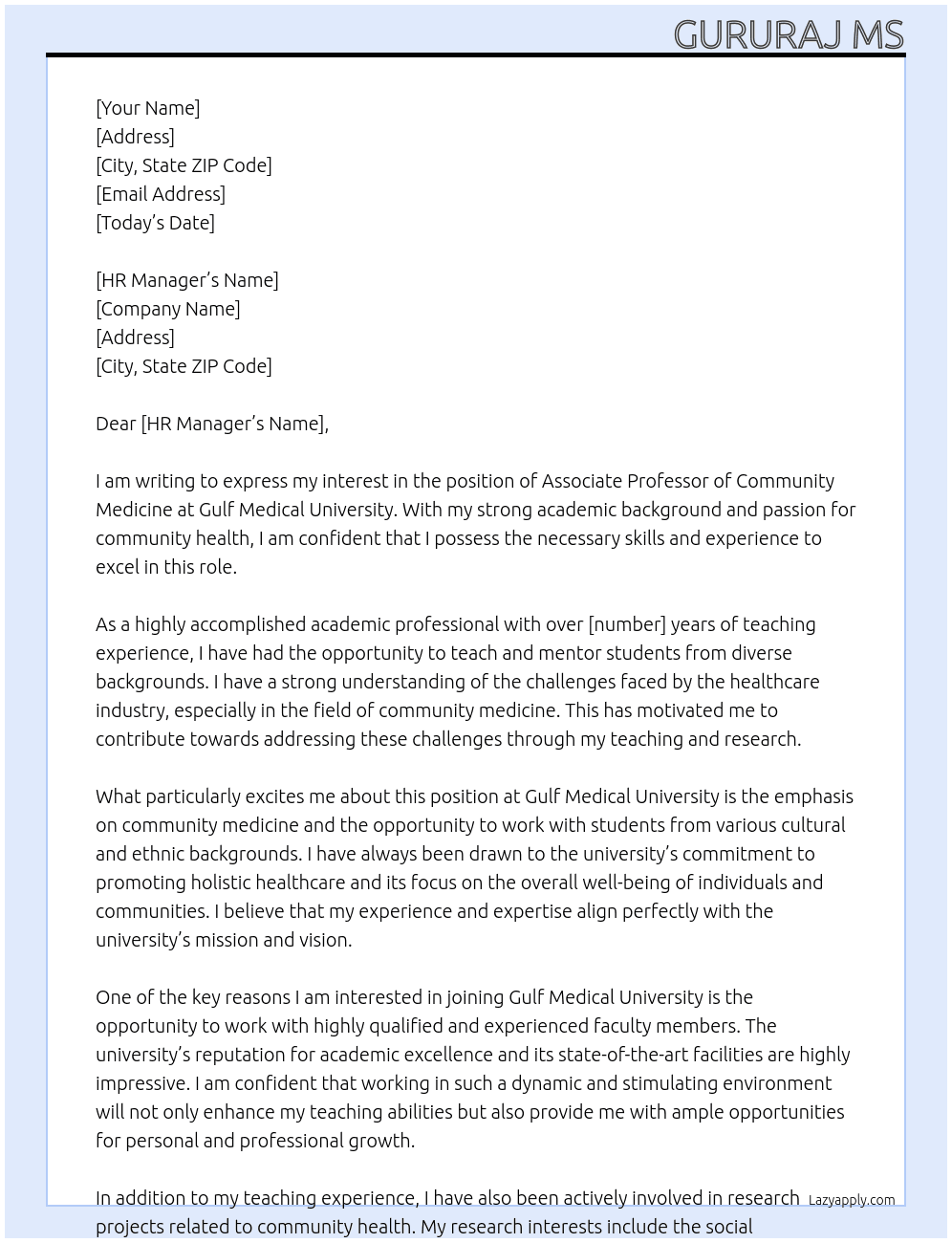 Associate professor of Community Medicine At Gulf Medical University Cover Letter