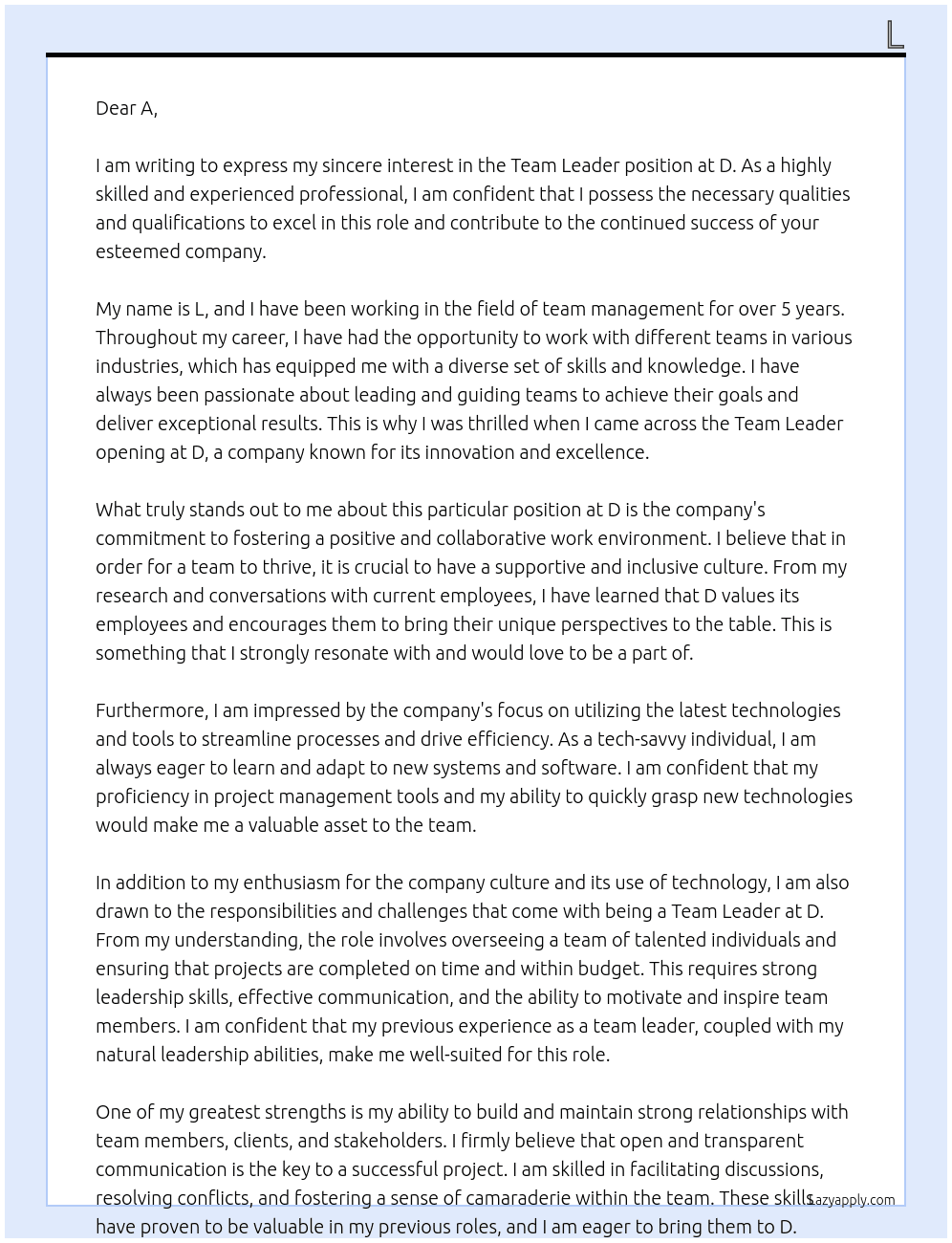 Team Leader At D Cover Letter
