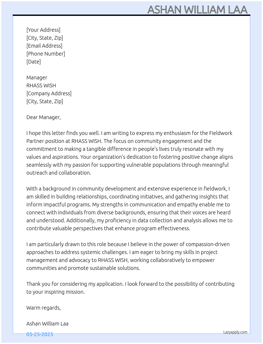 Fieldwork partner At RHASS WISH  Cover Letter
