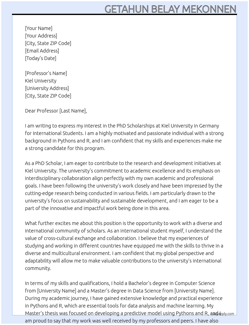PhD Scholarships at Kiel University in Germany for International Students At Kiel University Cover Letter