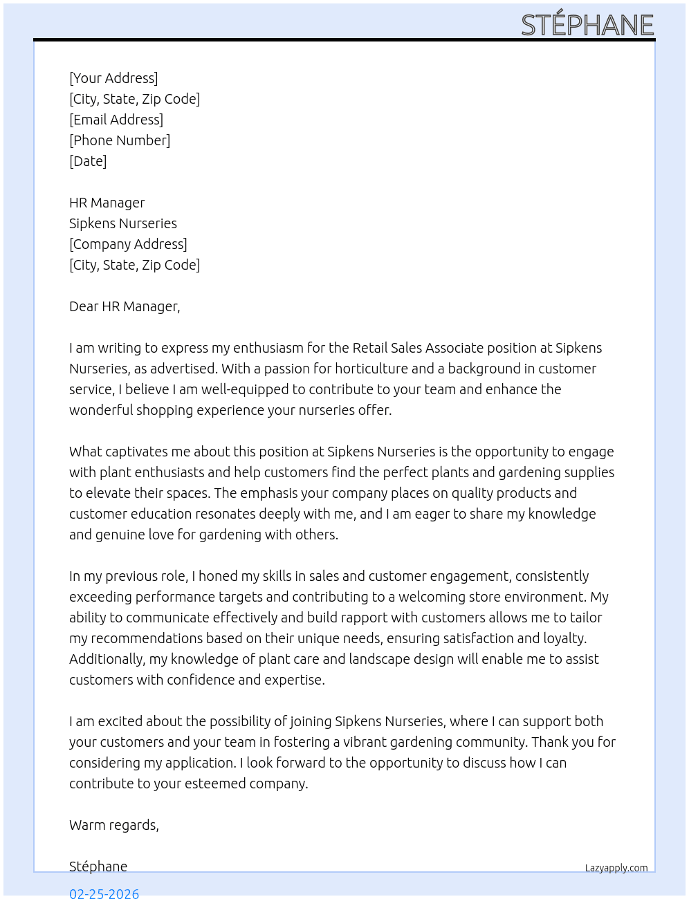 Retail Sales Associate At Sipkens Nurseries Cover Letter
