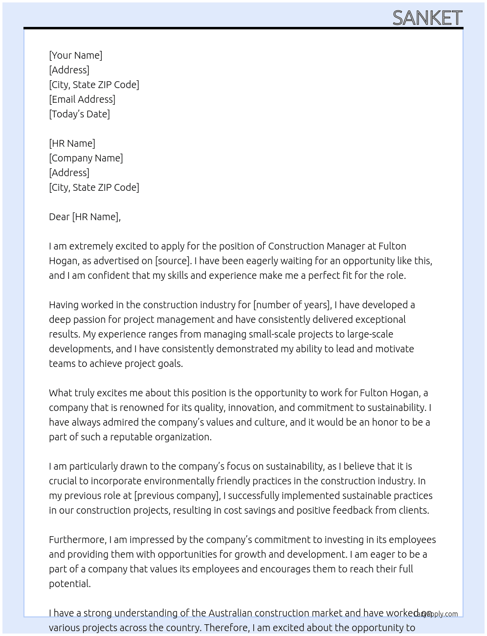 Construction manager At Fulton hogan  Cover Letter