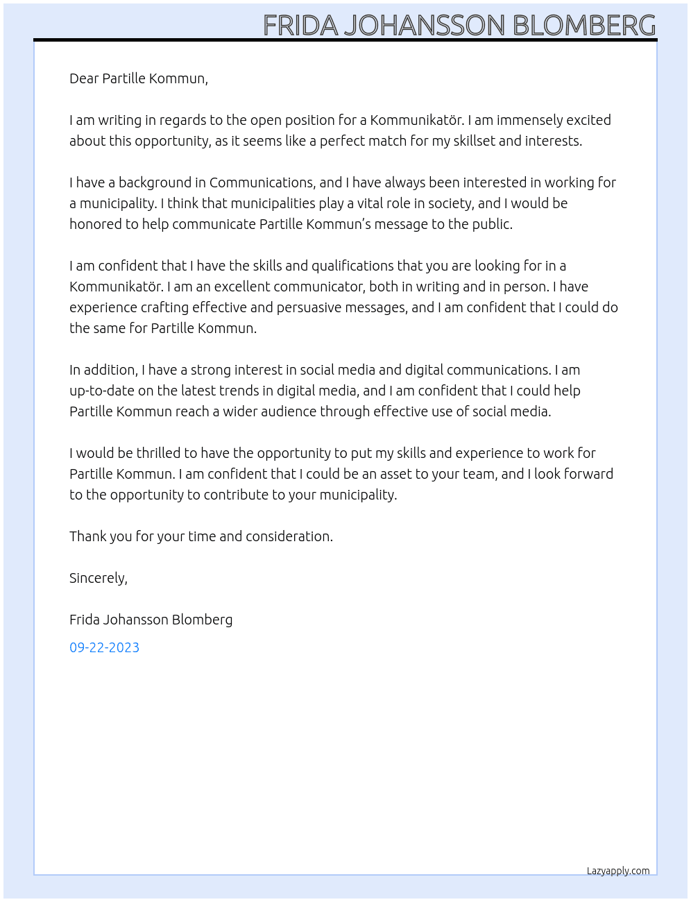 Kommunikatör At Partille Kommun Cover Letter