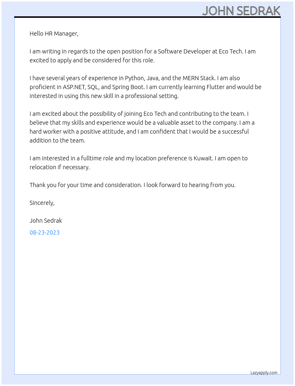Software Developer At Eco Tech Cover Letter