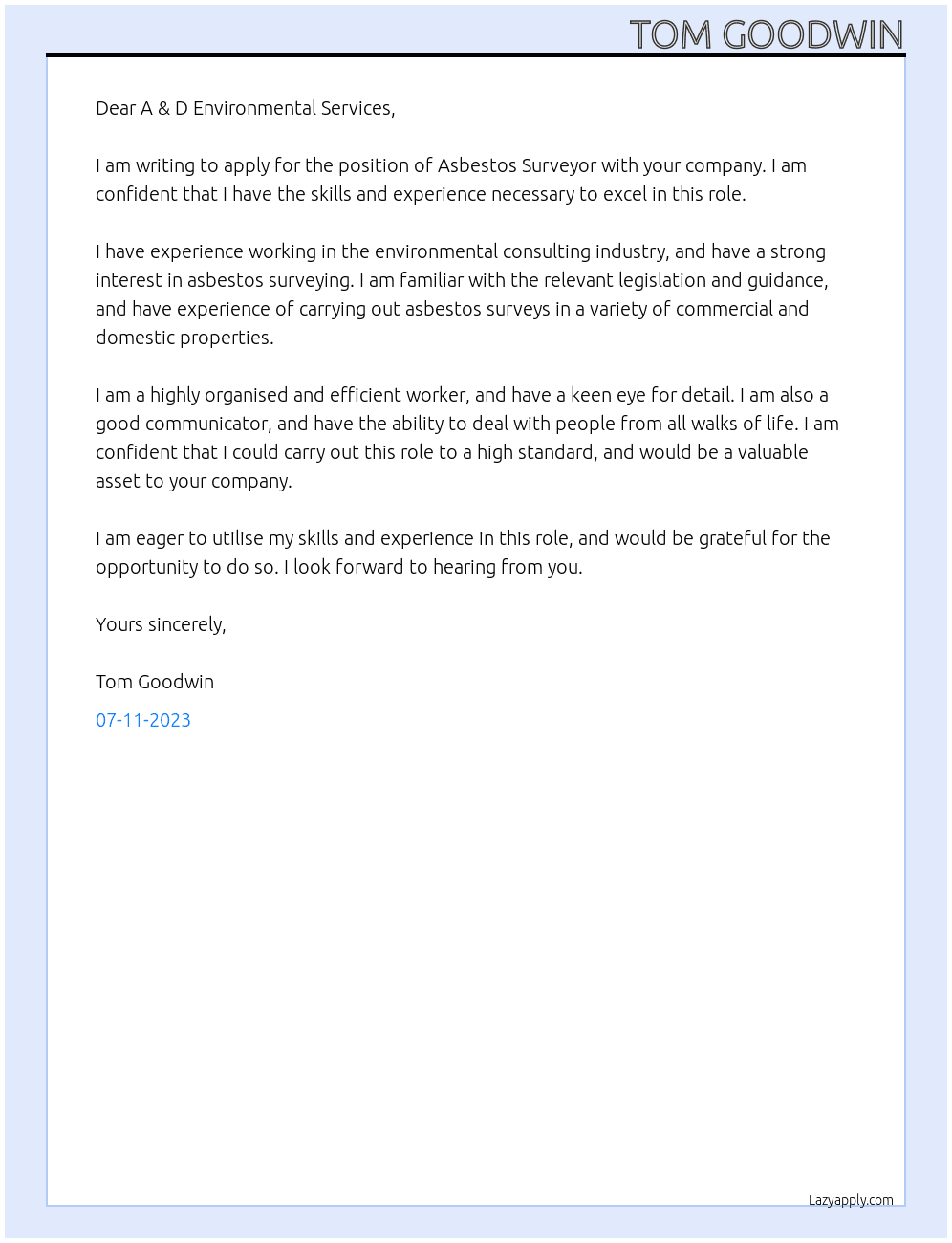 Asbestos surveyor  At A & D environmental services  Cover Letter