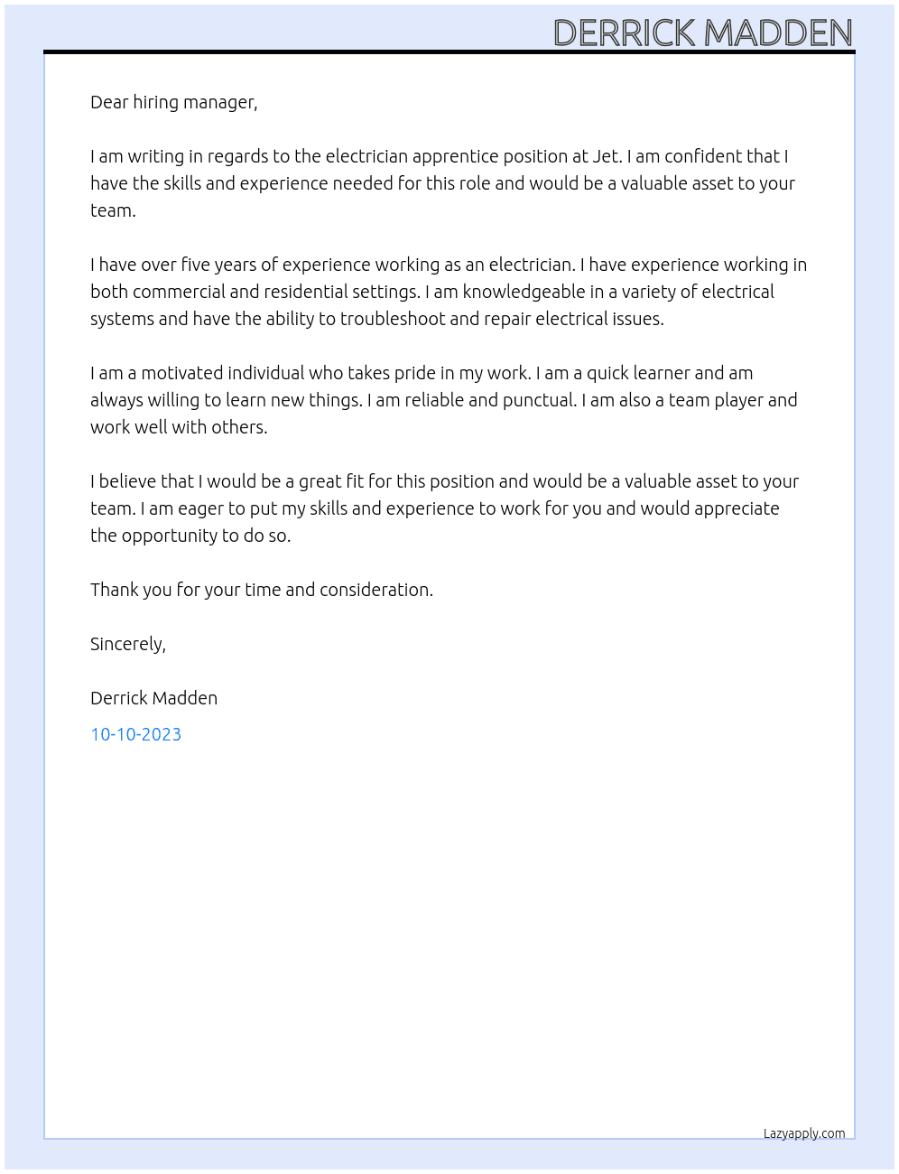 electrician apprentice At Jet Cover Letter