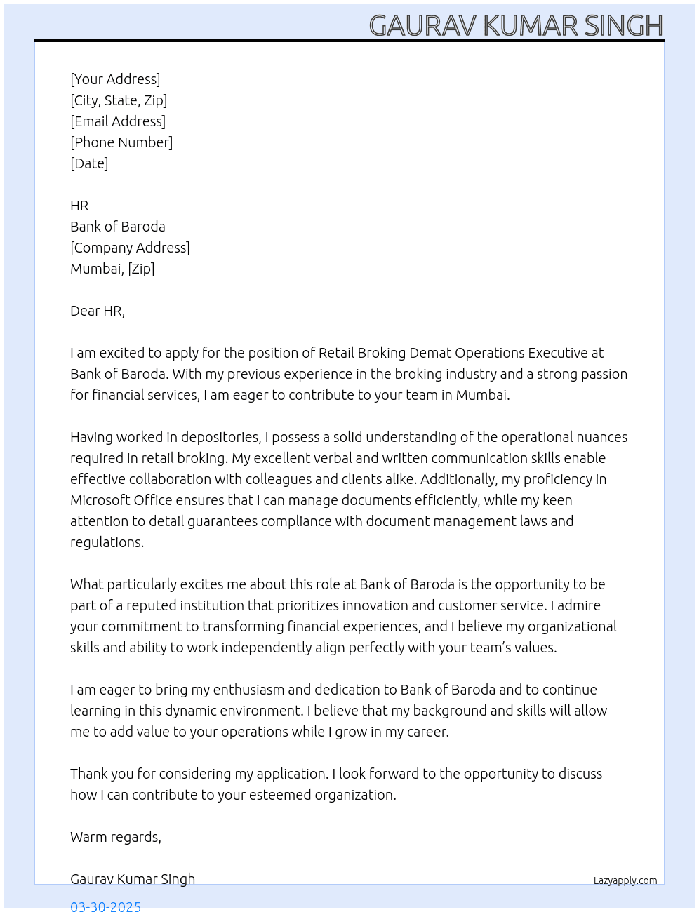 Cover letter for retail broking demat operations executive - LazyApply