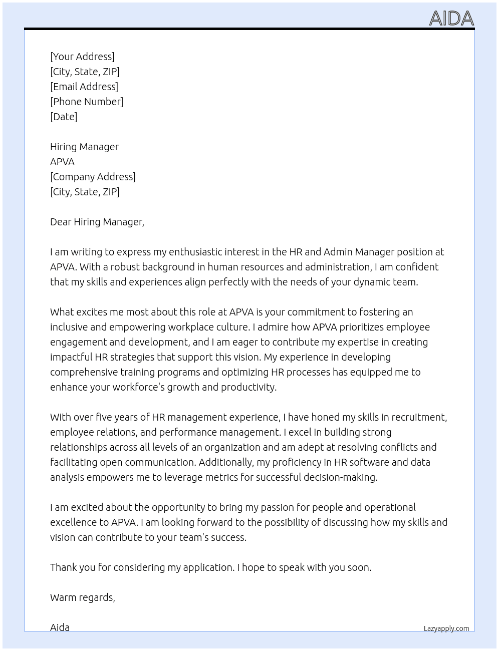 HR and Admin Manager At APVA Cover Letter