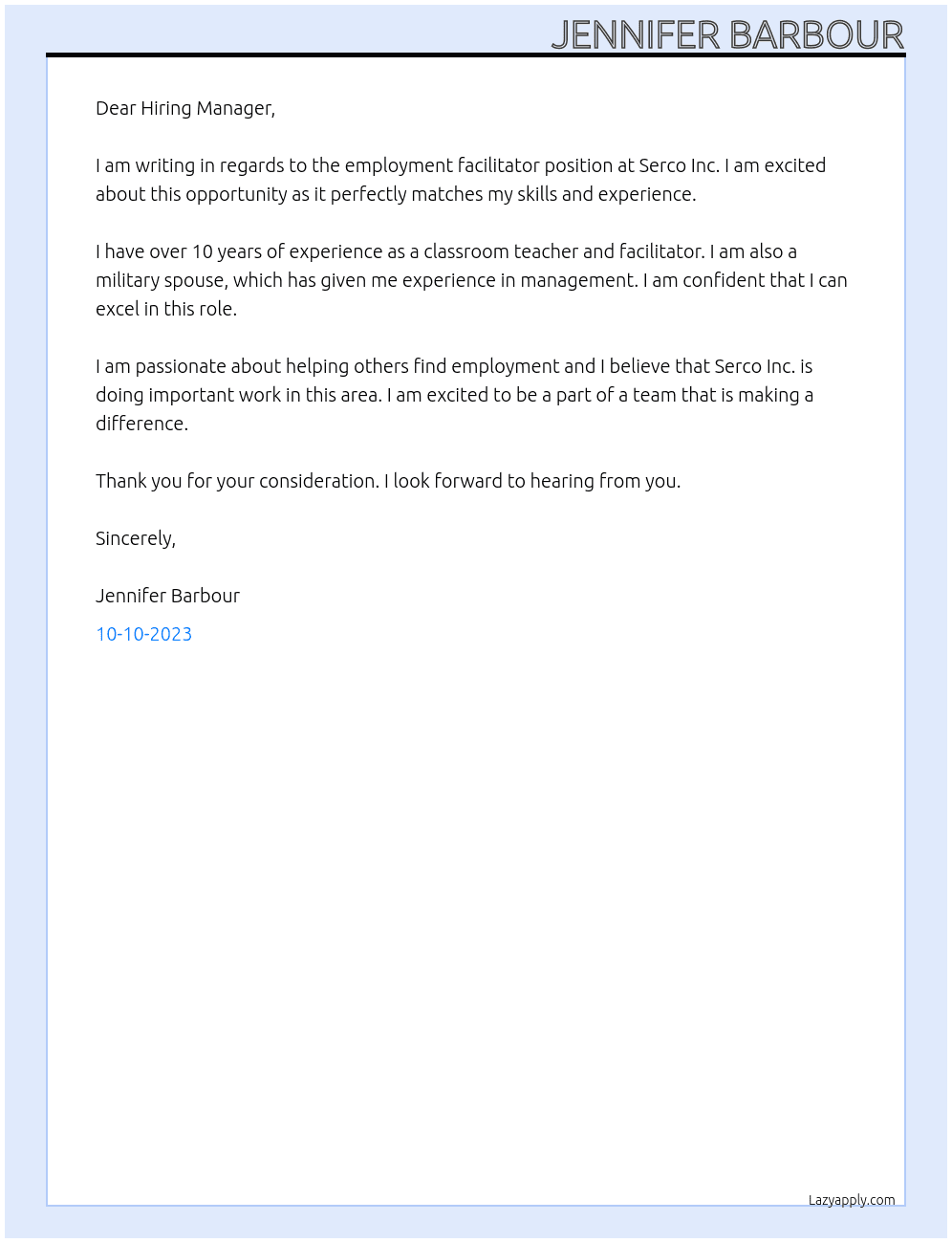 employment facilitator  At Serco Inc. Cover Letter