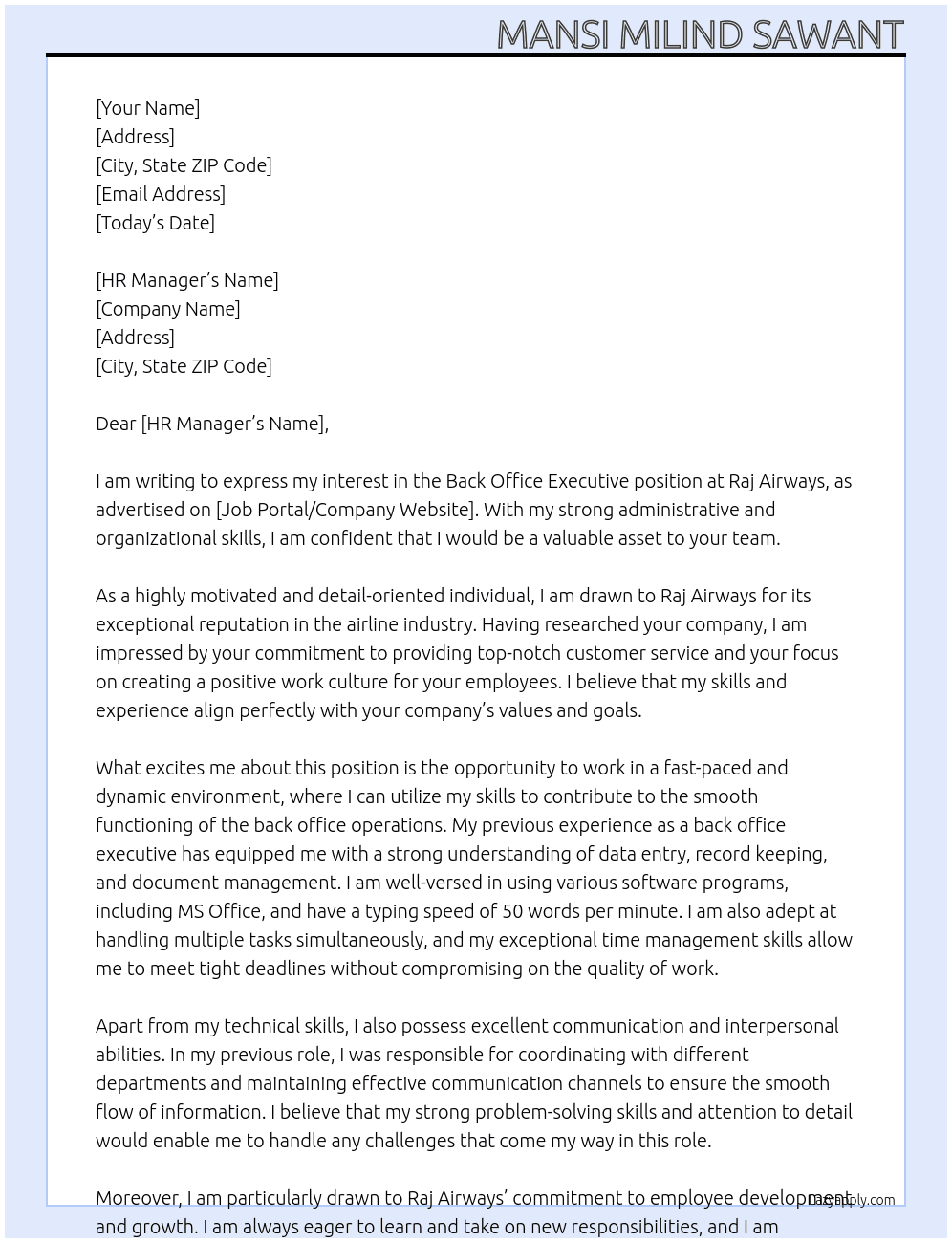 Back office executive position  At Raj Airways Cover Letter