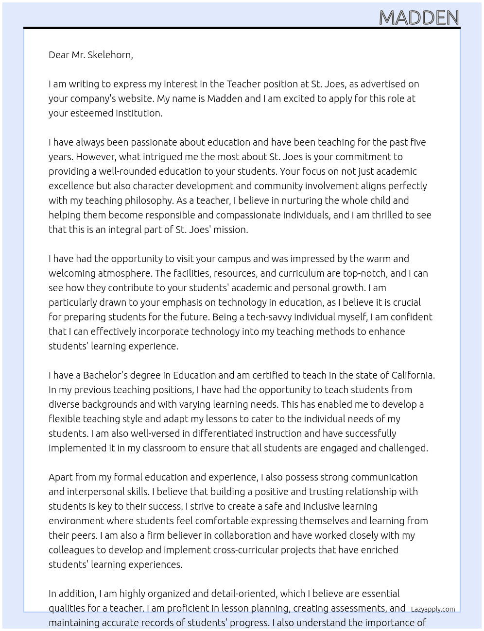 Teacher At St Joes  Cover Letter