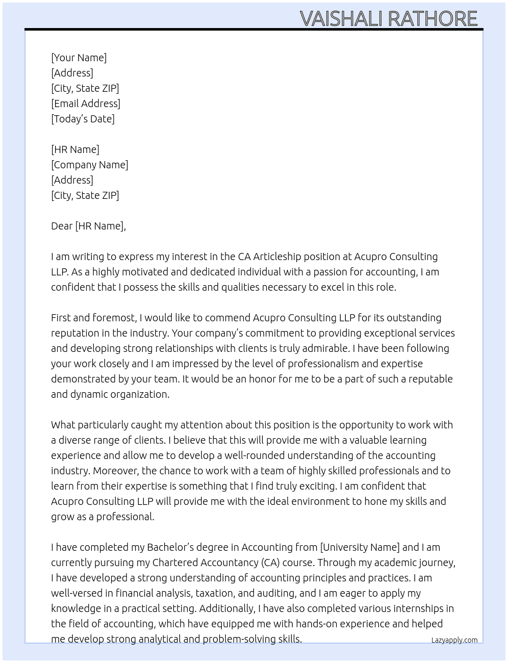 CA Articleship  At Acupro Consulting LLP  Cover Letter