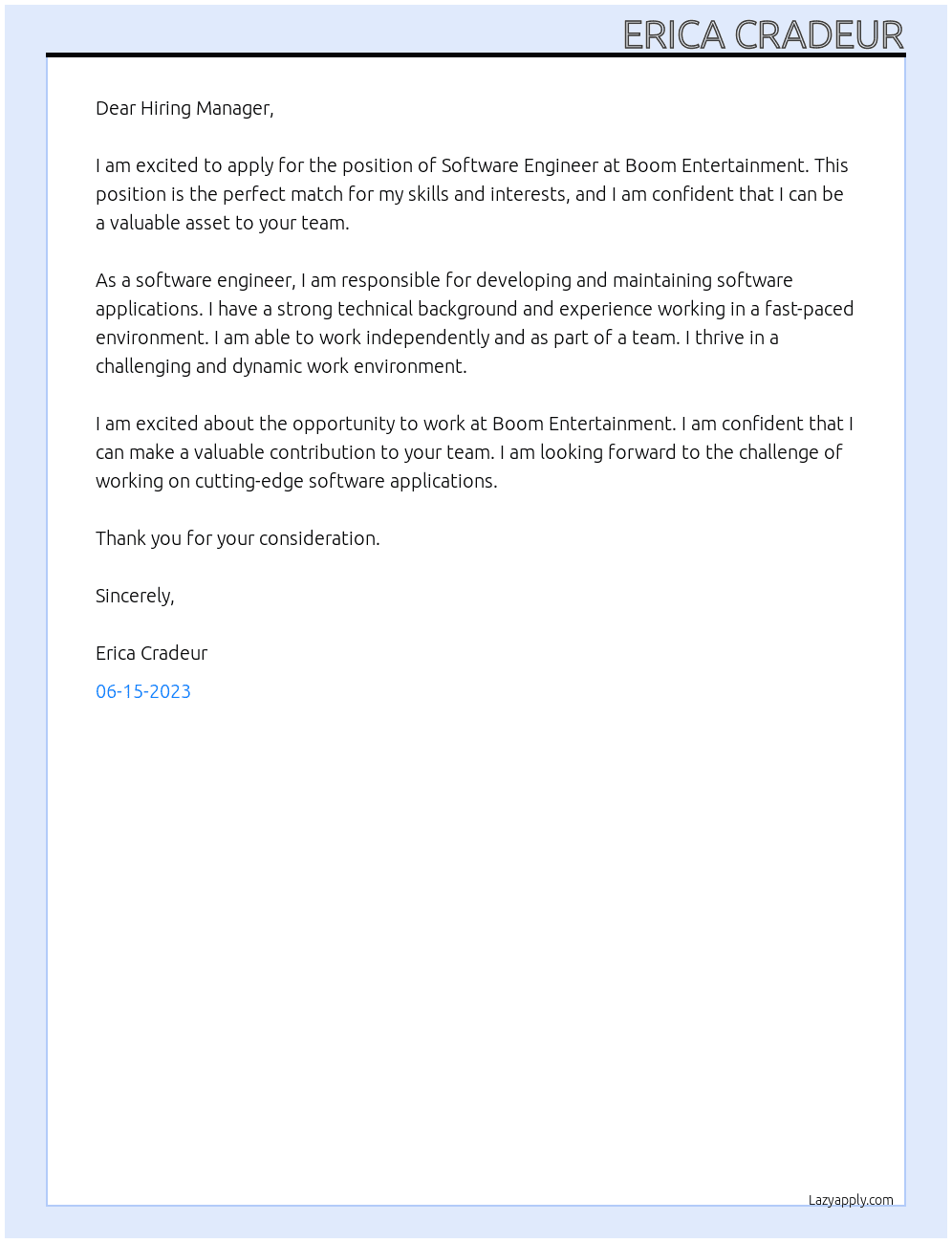 Software Engineer At Boom Entertainment Cover Letter
