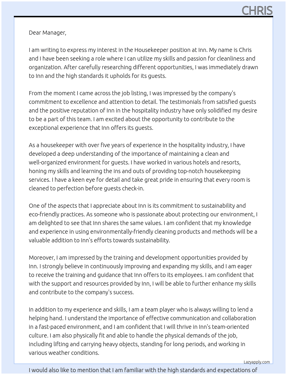 housekeeper At inn Cover Letter