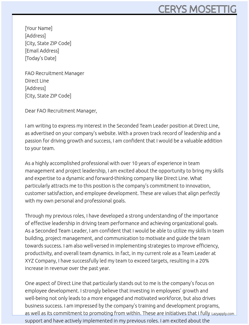 Seconded Team Leader At Direct Line Cover Letter