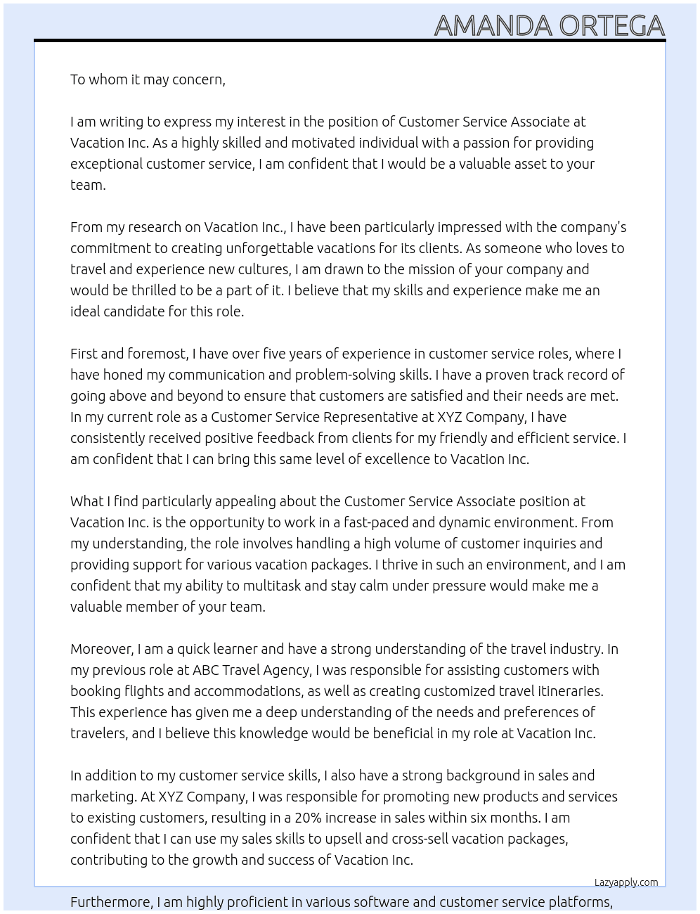 Customer Service Associate  At Vacation Inc. Cover Letter