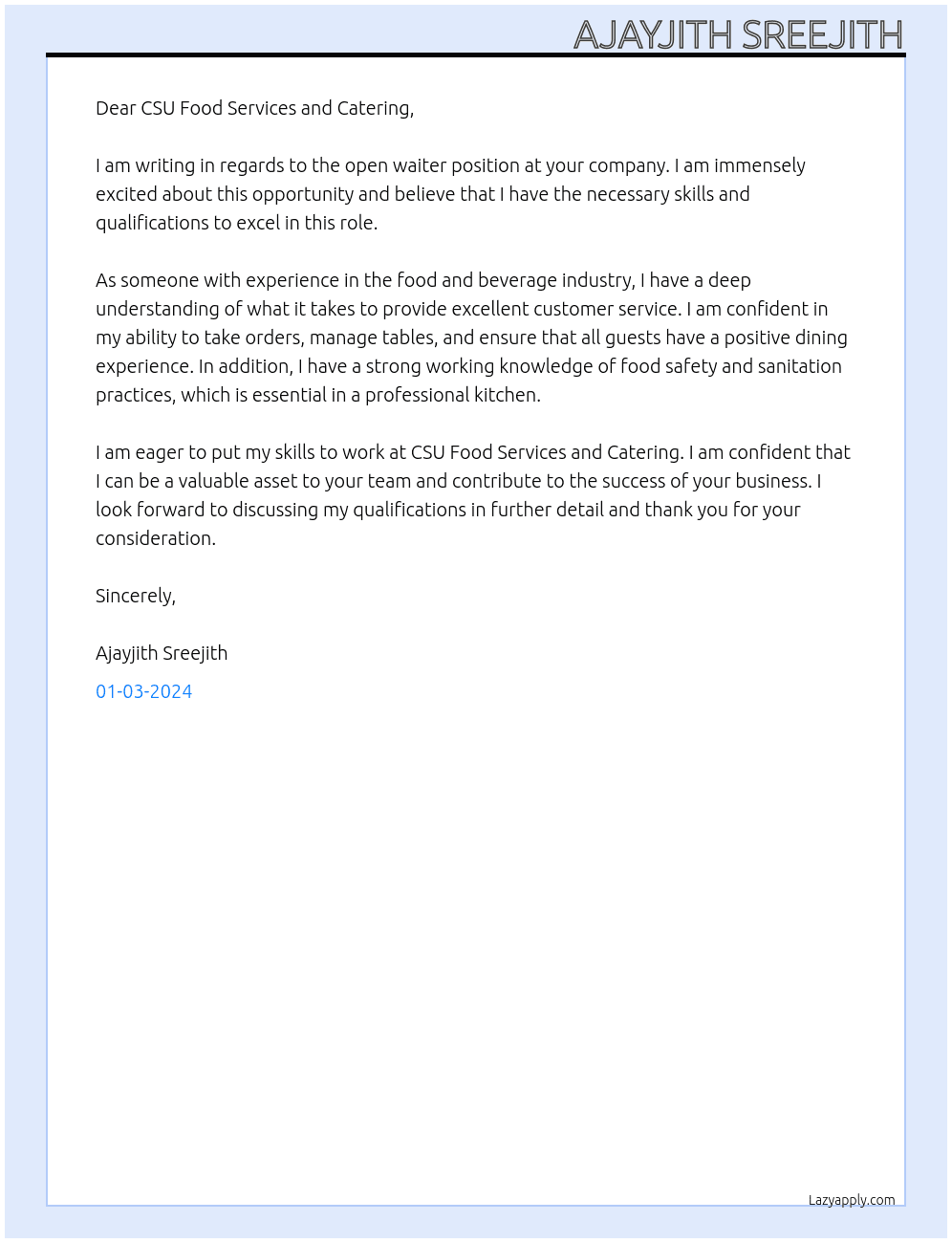 waiter At Cleveland State University Cover Letter