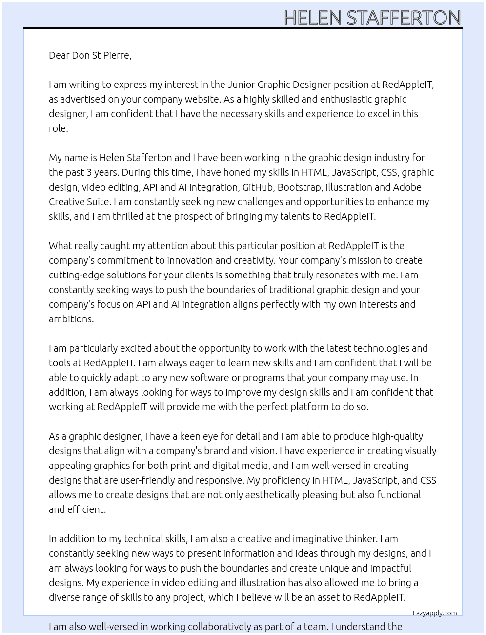 Junior Graphic Designer  At RedAppleIT Cover Letter