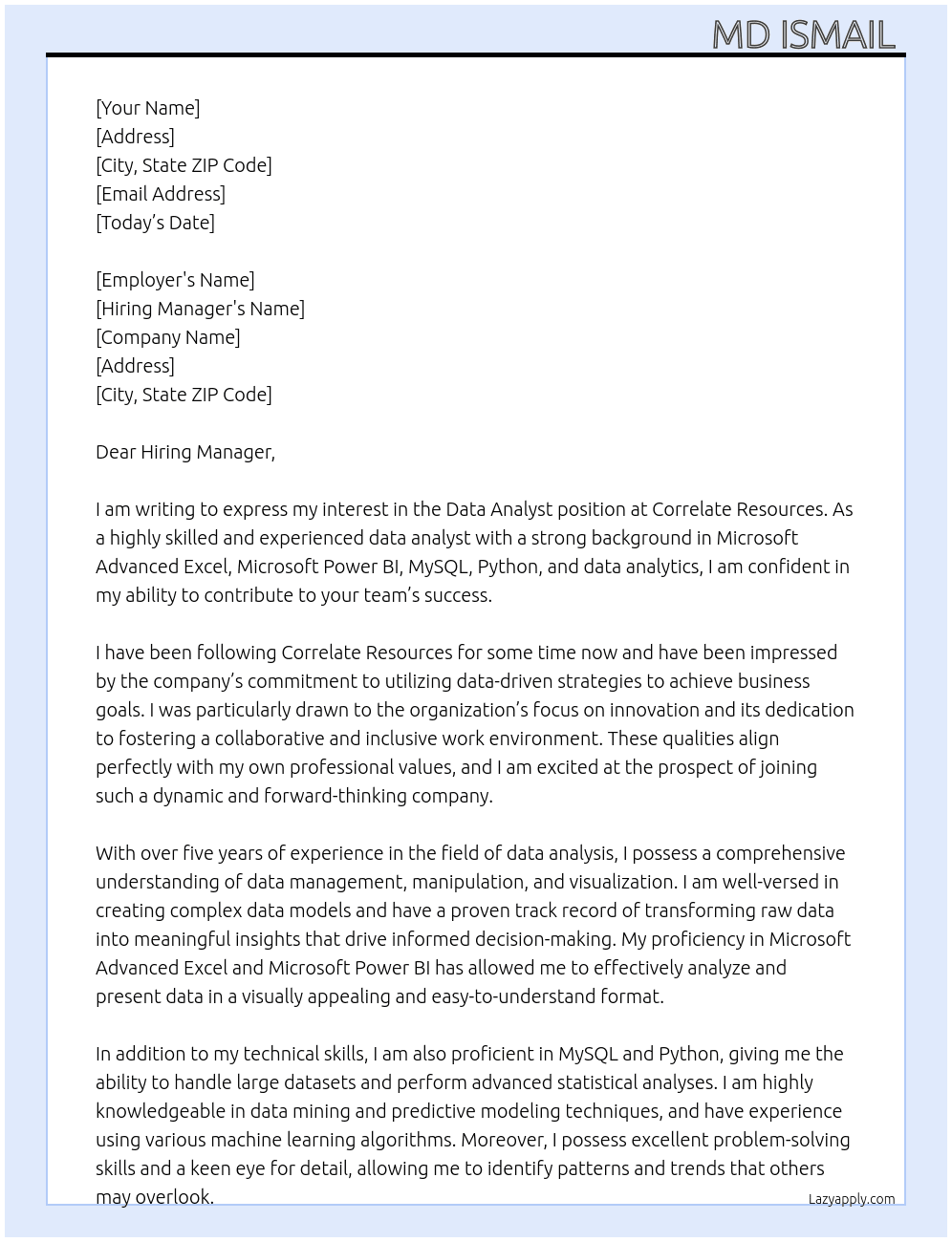 Data Analyst  At Correlate Resources Cover Letter