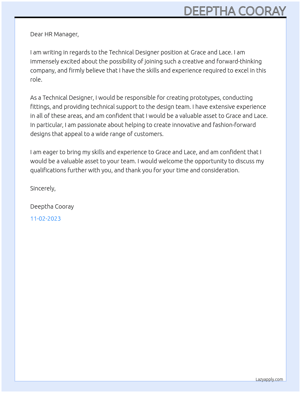 technical designer  At Grace and Lace Cover Letter
