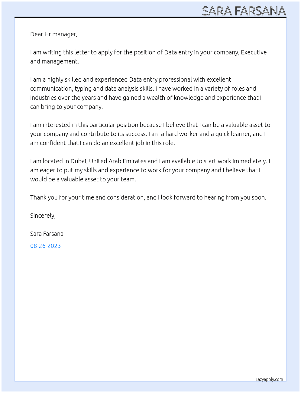 Data entry  At Executive and management  Cover Letter