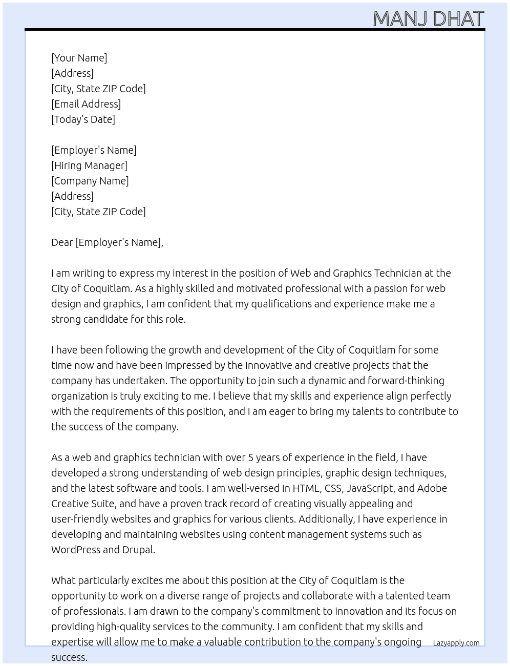 WEB AND GRAPHICS TECHNICIAN At city of coquitlam Cover Letter