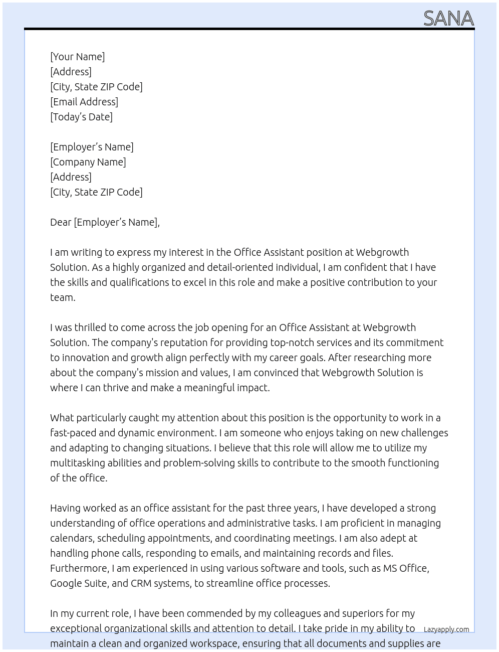 office assistant At webgrowth solution Cover Letter