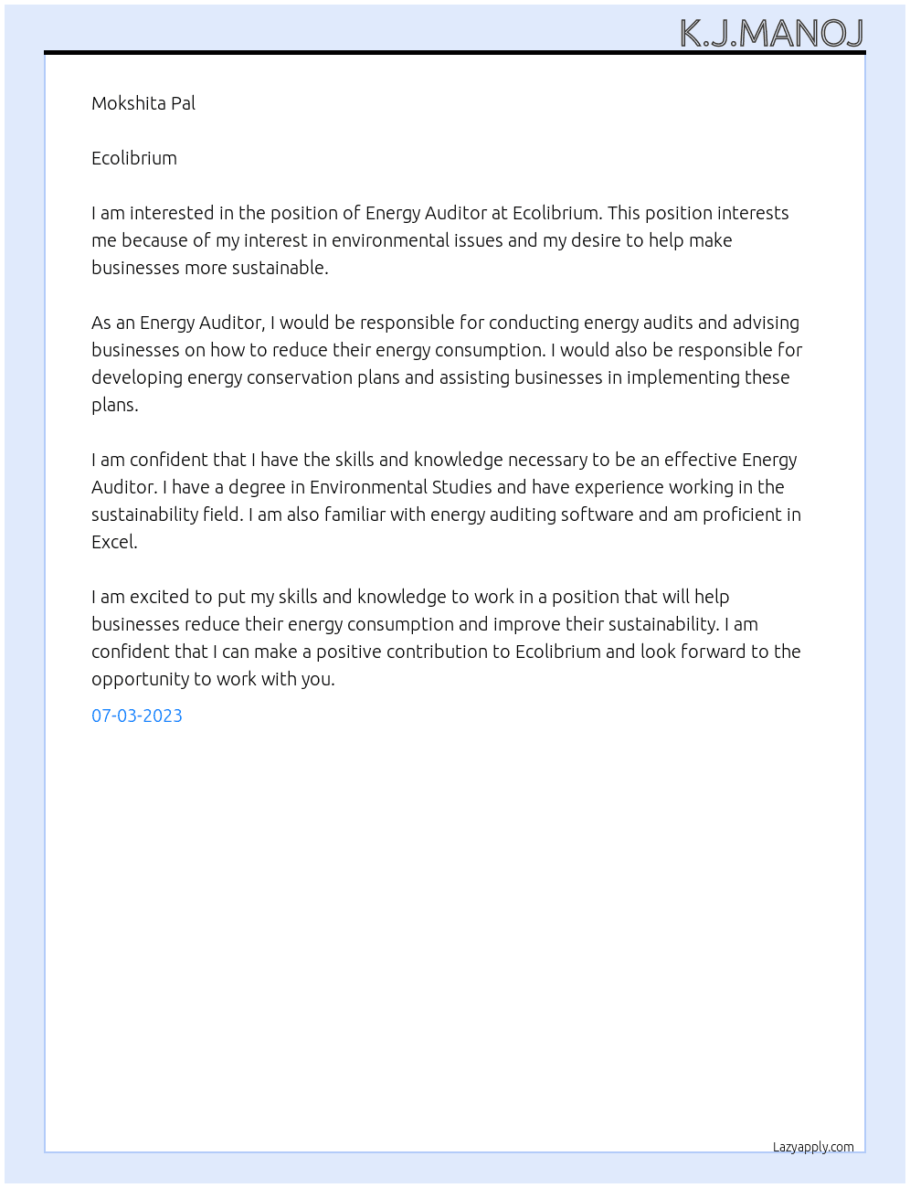 Energy Auditor At Ecolibrium Cover Letter