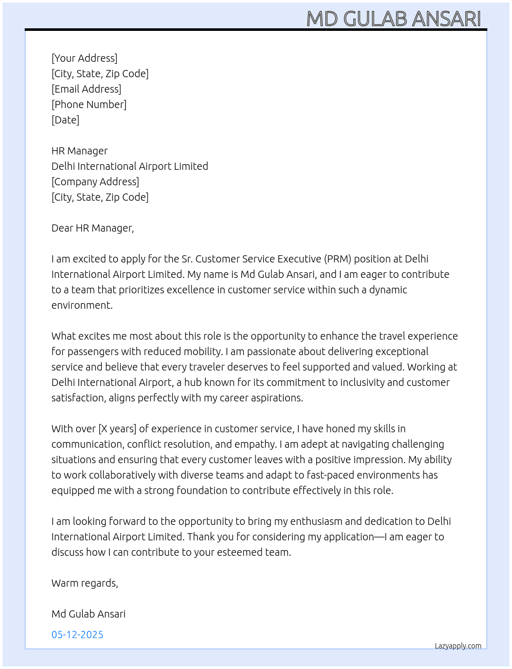 Sr customer service executive (PRM) At Delhi international airport limited  Cover Letter