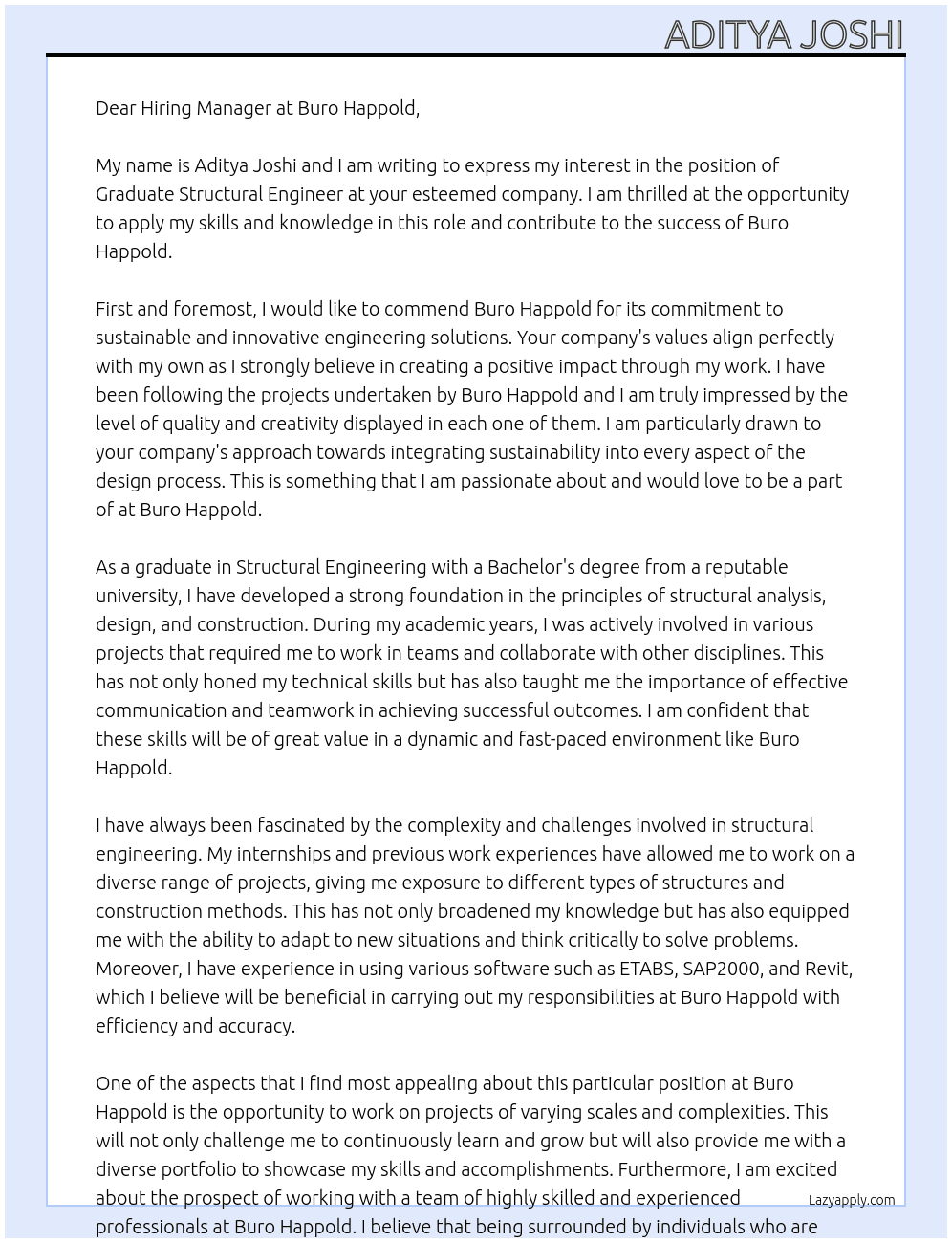 Graduate Structural  Engineer At Buro Happold Cover Letter
