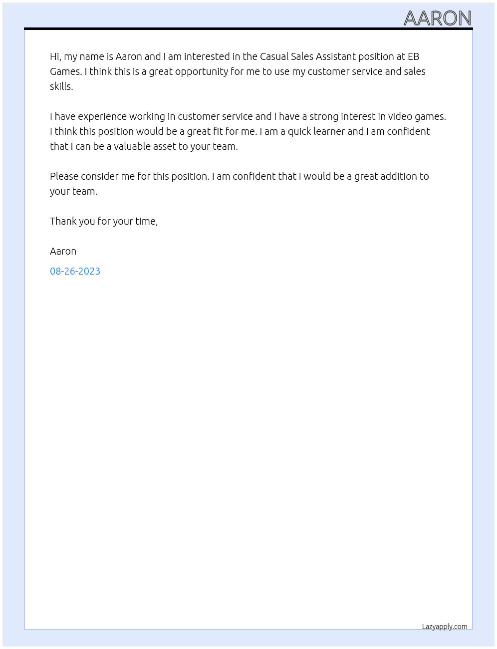 Casual Sales Assistant At EB Games Cover Letter