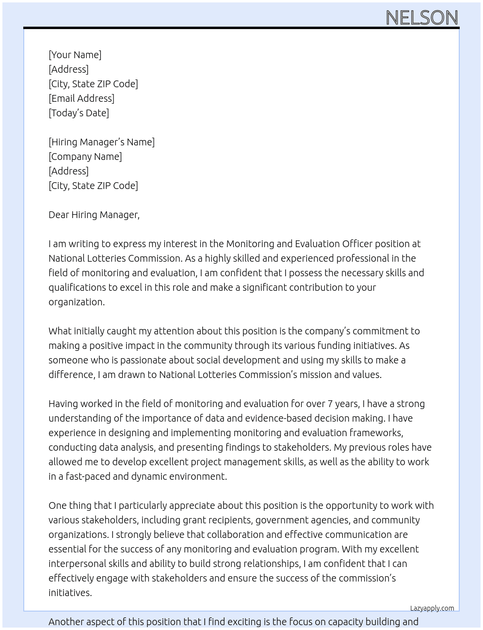 MONITORING  EVALUATION OFFICER At National Lotteries Commission Cover Letter