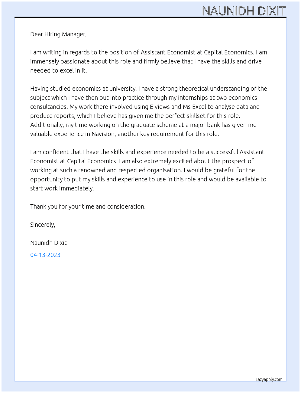 Assistant economist  At Capital Economics Cover Letter