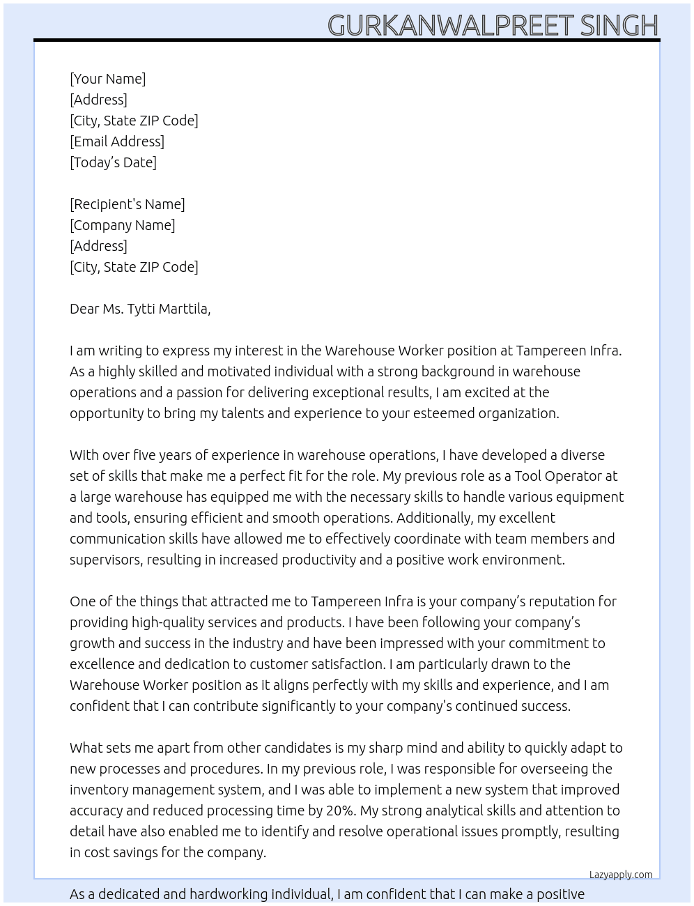 Warehouse worker At Tampereen infra Cover Letter